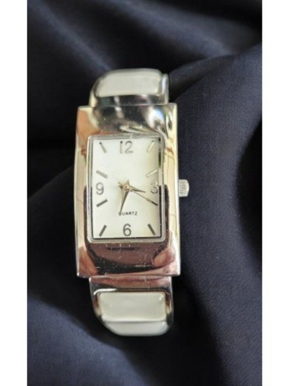 Silvertone Opalescence Hinged Ladies Cuff Bracelet Quartz Watch